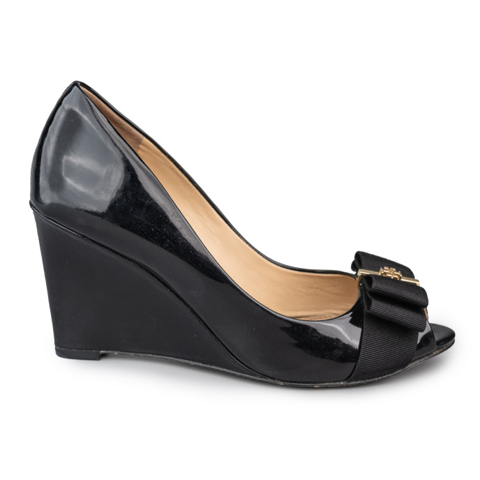 Tory Burch Black Patent Leather Trudy Open Toe Wedges Size 6.5