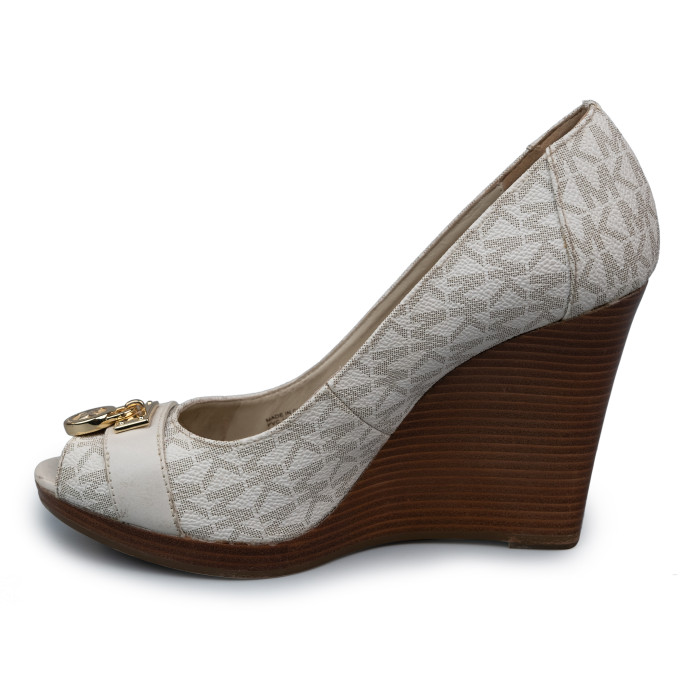 Michael by Michael Kors White Printed Leather Hamilton Wedges Size 7