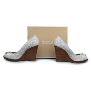 Michael by Michael Kors White Printed Leather Hamilton Wedges Size 7