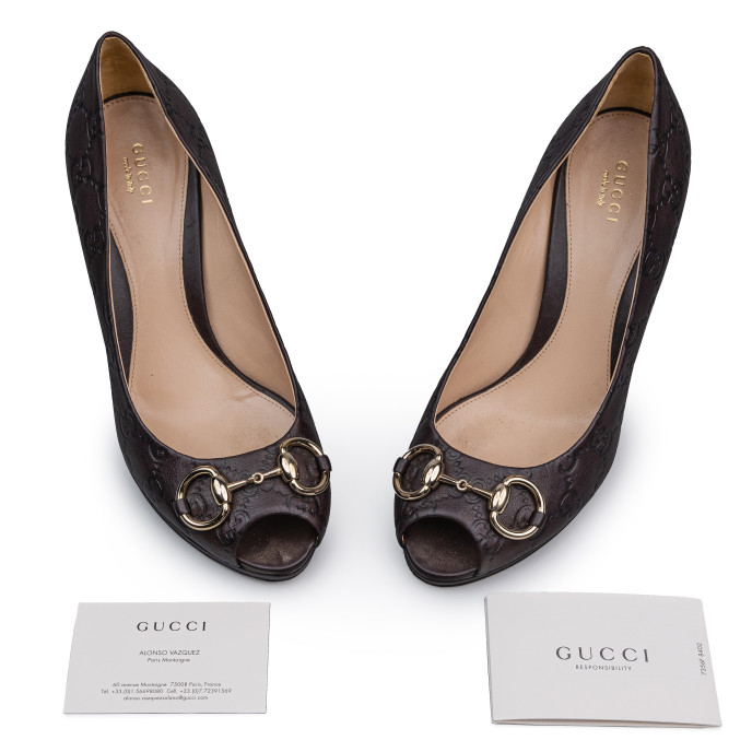 Gucci Brown Guccissima Leather Open Toe Pumps Size 39