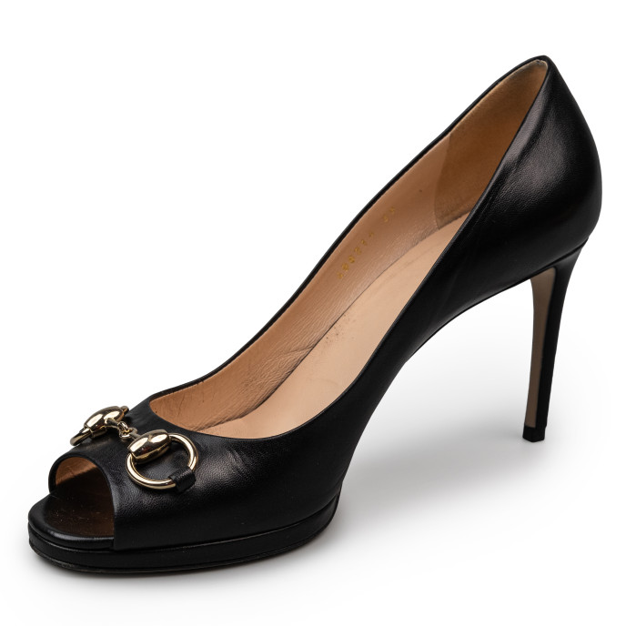 Gucci Black Leather Horsebit Open Toe Pumps Size 39