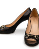 Gucci Black Leather Horsebit Open Toe Pumps Size 39