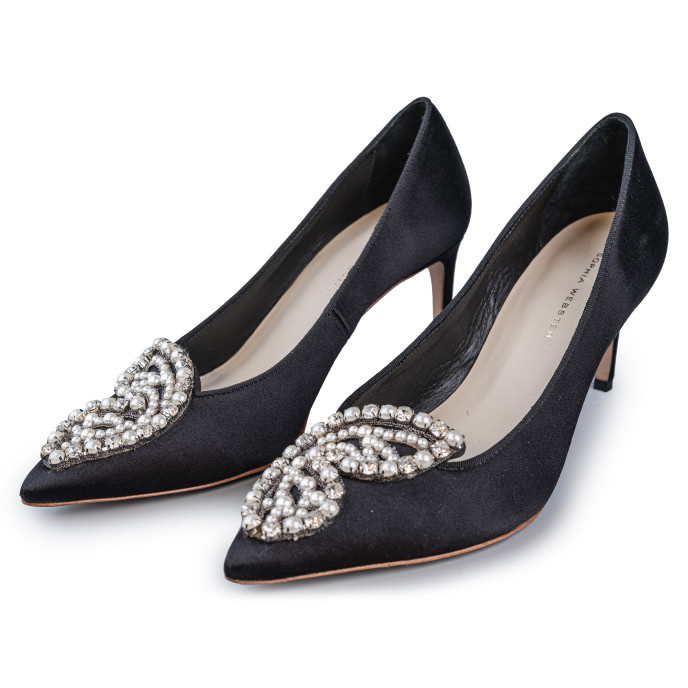 Sophia Webster Black Satin Embellished Pumps Size 38.5