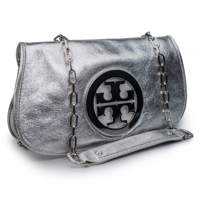 Tory Burch Silver Leather Reva Logo Crossbody Bag