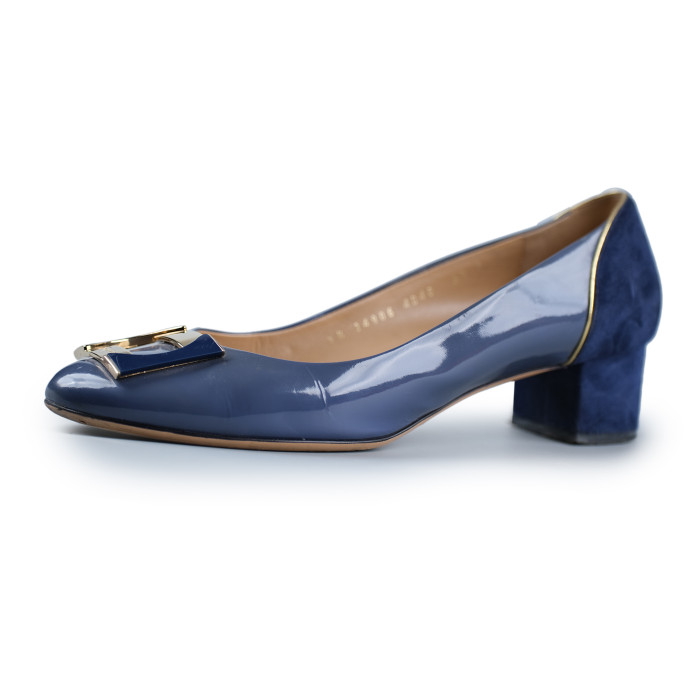 Salvatore Ferragamo Navy Blue Patent Leather / Suede Block Heel Pumps Size 9.5C