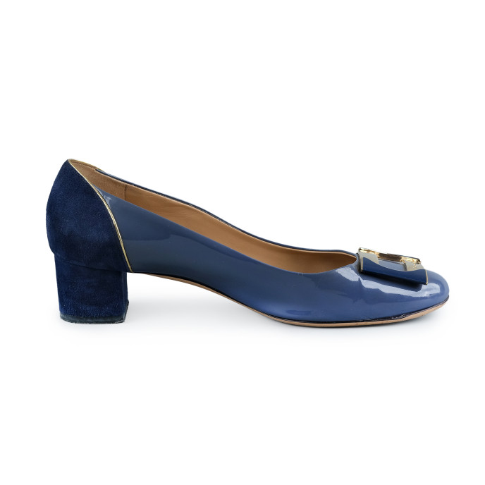 Salvatore Ferragamo Navy Blue Patent Leather / Suede Block Heel Pumps Size 9.5C