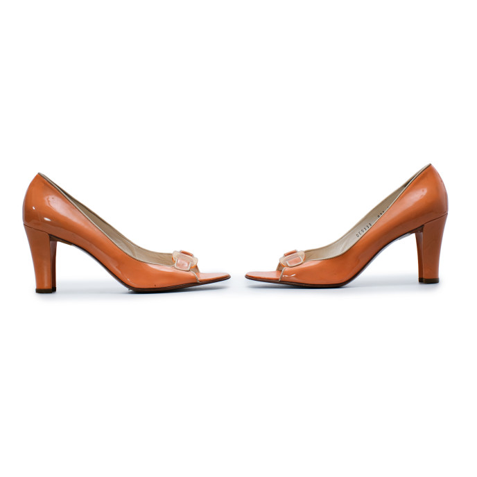 Salvatore Ferragamo Orange Patent Leather Peep Toes