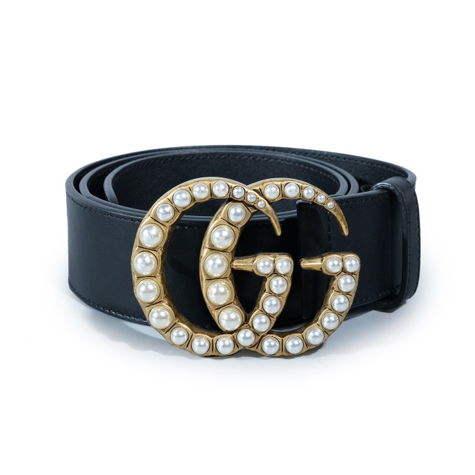 Gucci Black Leather Pearl Double G Belt