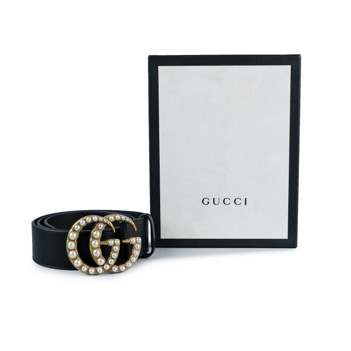 Gucci Black Leather Pearl Double G Belt