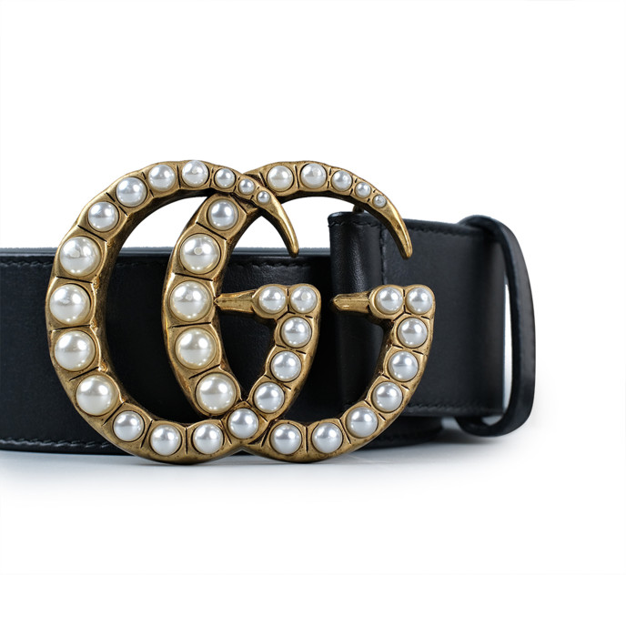 Gucci Black Leather Pearl Double G Belt