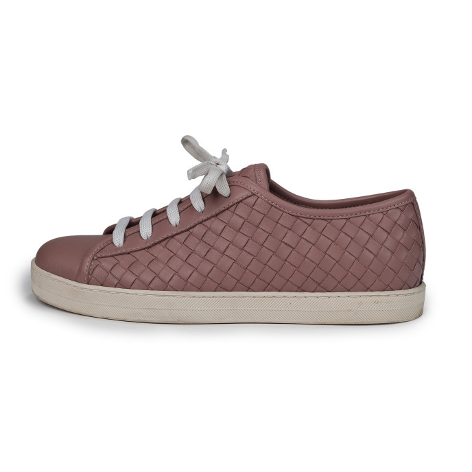 Bottega Veneta Beige Women's Intrecciato Leather Lace Up Sneakers