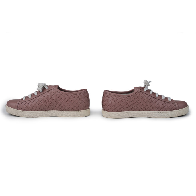 Bottega Veneta Beige Women's Intrecciato Leather Lace Up Sneakers