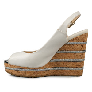 Jimmy Choo White Leather Silver Striped Cork Wedges Size 36
