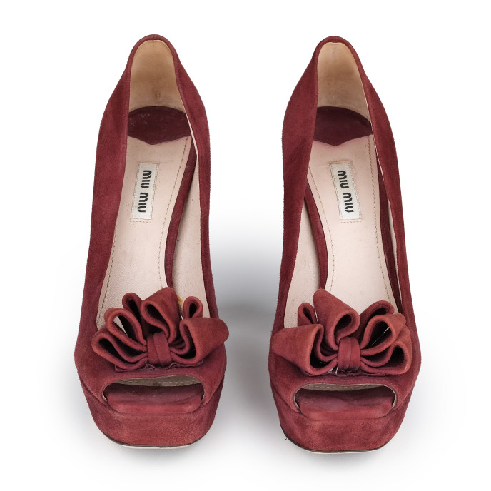 Miu MIu Maroon Suede Peep Toe Pumps