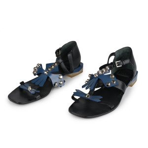 Tory Burch Blue/Black Leather Studded Aurora Ankle-Strap Sandals Size 9M