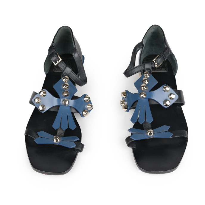 Tory Burch Blue/Black Leather Studded Aurora Ankle-Strap Sandals Size 9M