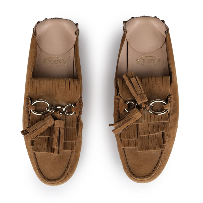 Tod's Tan Suede Tassel Fringe Flat Mules