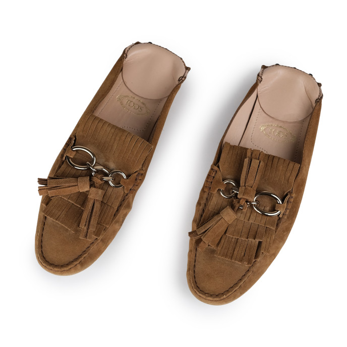 Tod's Tan Suede Tassel Fringe Flat Mules