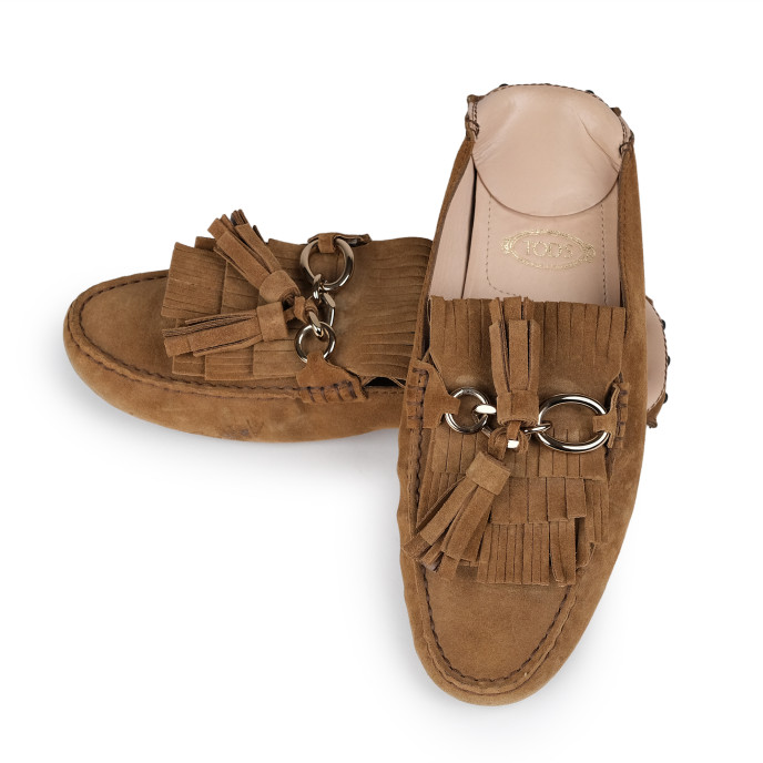 Tod's Tan Suede Tassel Fringe Flat Mules