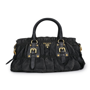 Prada Black Nylon Gaufre Ruched Shopping Bag