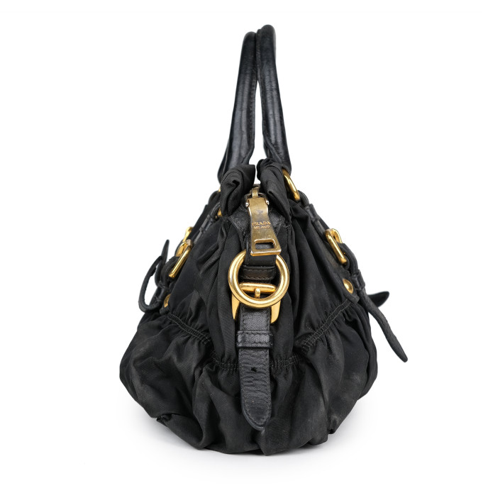 Prada Black Nylon Gaufre Ruched Shopping Bag