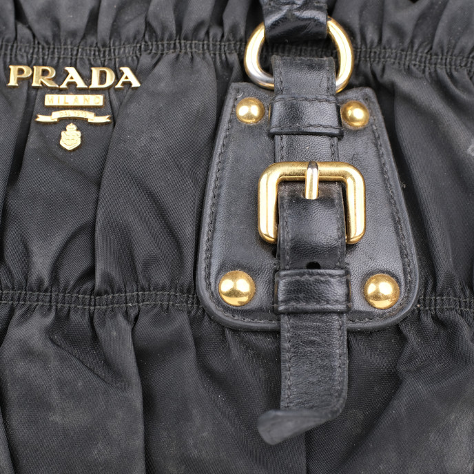 Prada Black Nylon Gaufre Ruched Shopping Bag