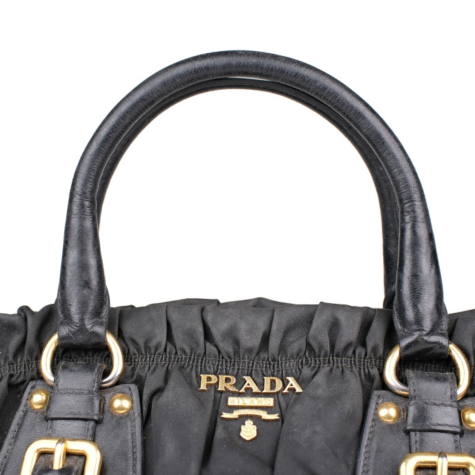 Prada Black Nylon Gaufre Ruched Shopping Bag