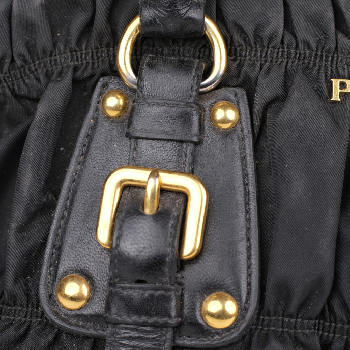 Prada Black Nylon Gaufre Ruched Shopping Bag