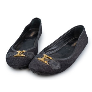 Louis Vuitton Black Woven Suede Oxford Ballet Flats Size 37.5