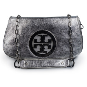 Tory Burch Silver Leather Reva Logo Crossbody Bag